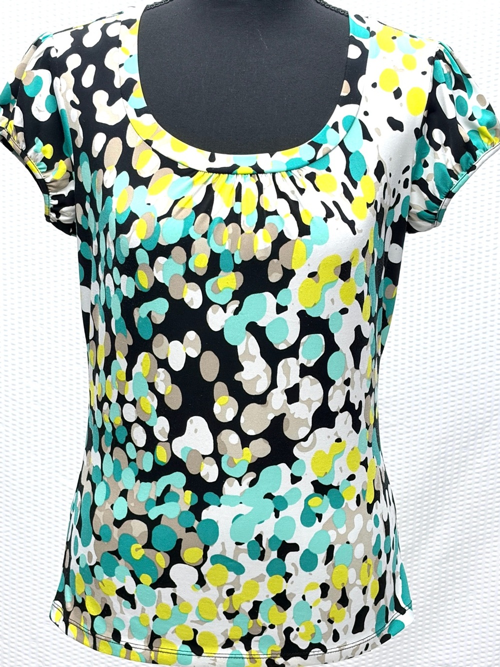 Worthington Stretch Blouse Womens S Black Green Print Cap Sleeve Top